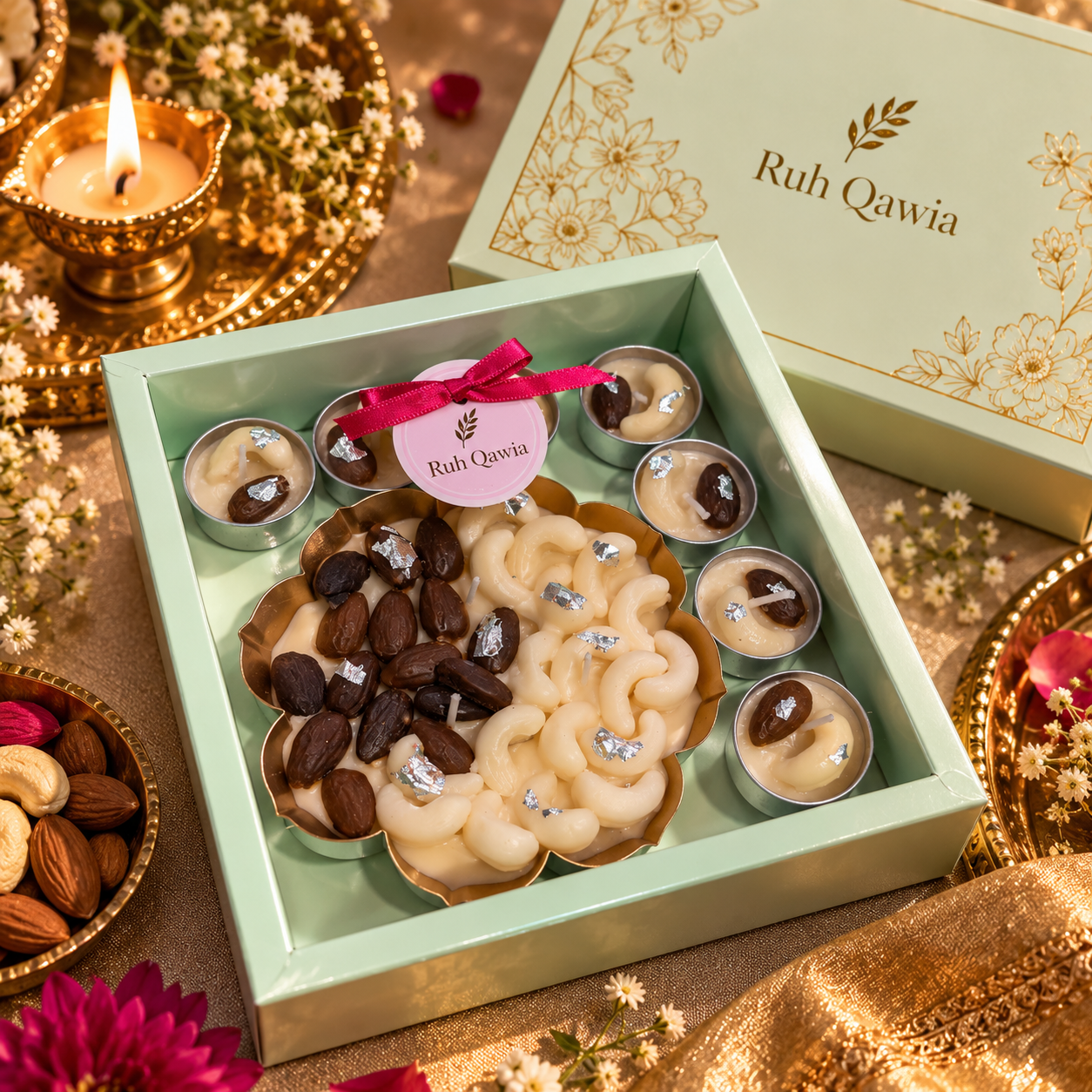 Dry fruits themed Urli and T-light Candle hamper Buy Dry fruits themed Urli and T-light Candle hamper