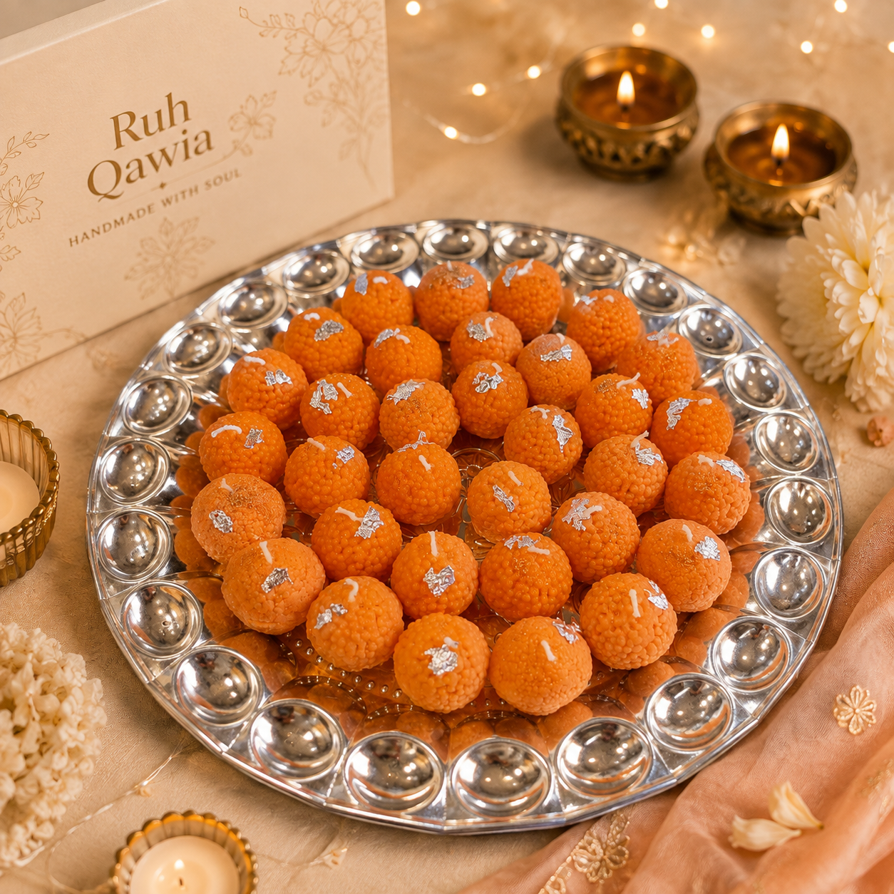 Motichoor laddu Candle With Embossed Silver Thali Buy Motichoor laddu Candle With Embossed Silver Thali